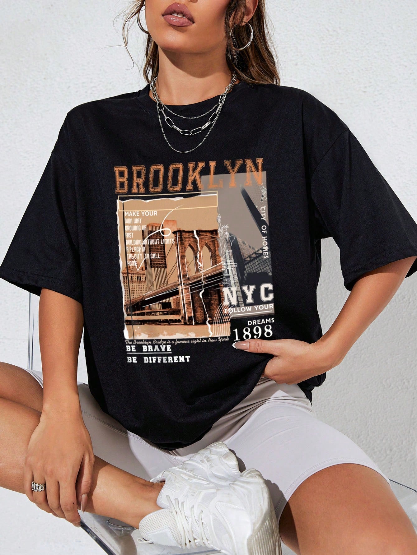 INAWLY Women's Graphic Drop Shoulder Tee - "Make Your Own Way" Brooklyn Bridge Design