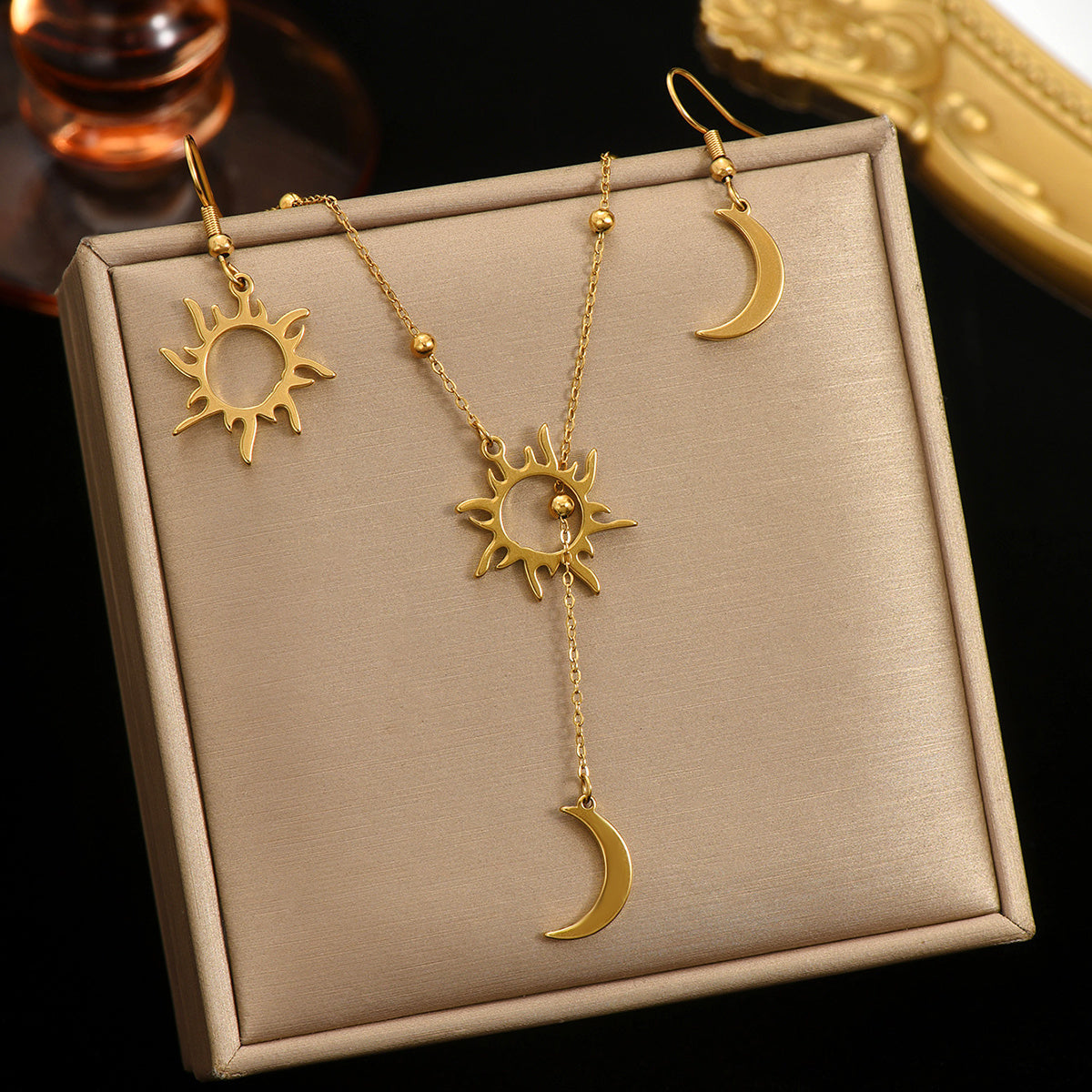 Lxalry 18K Gold Plated Stainless Steel Sun And Moon Pendant Necklace And Hoop Earrings Set For Women - Waterproof Hypoallergenic Jewelry Gift For Birthday Summer Wedding Daily Wear