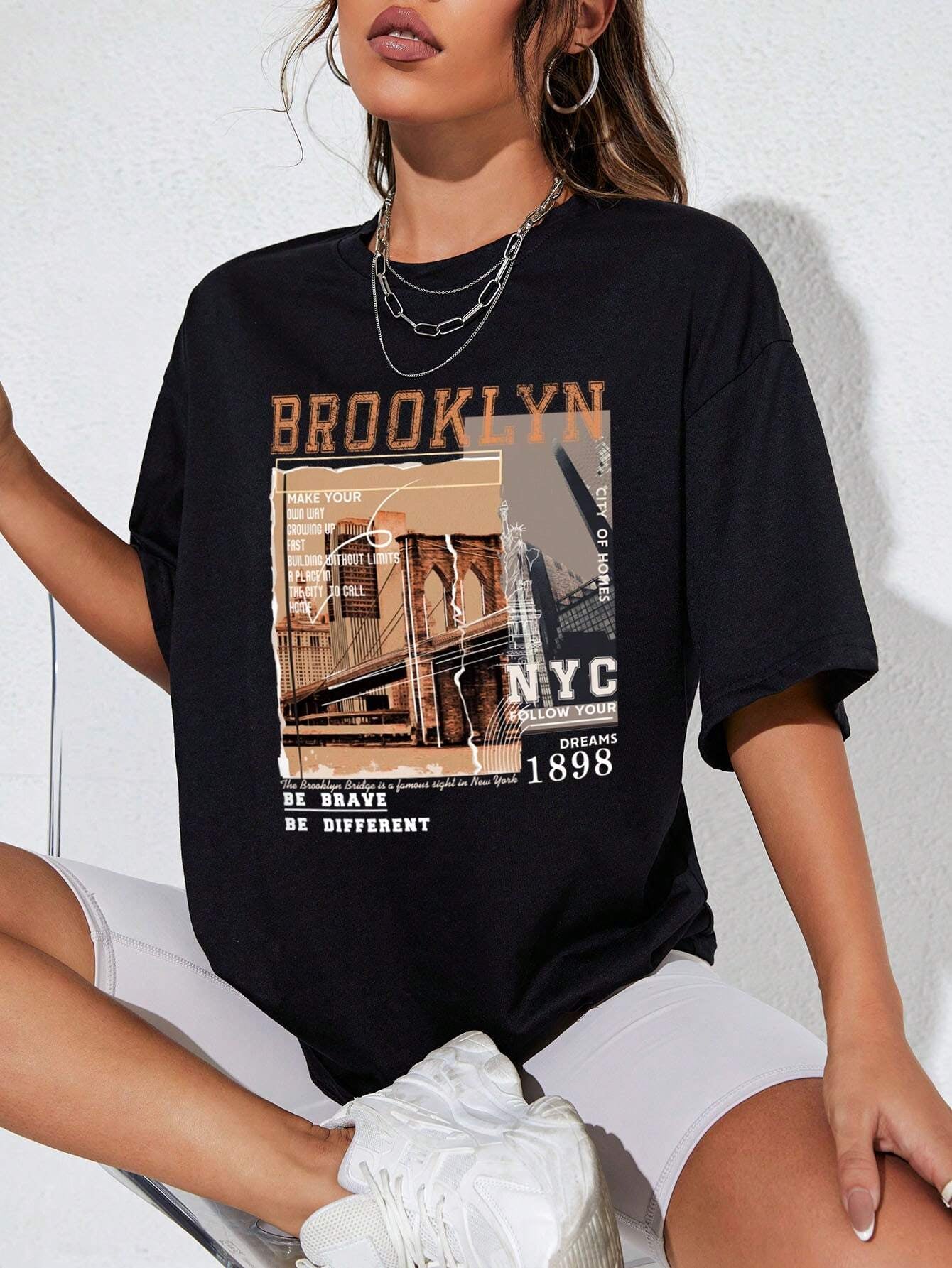 INAWLY Women's Graphic Drop Shoulder Tee - "Make Your Own Way" Brooklyn Bridge Design