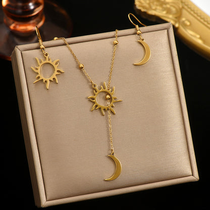 Lxalry 18K Gold Plated Stainless Steel Sun And Moon Pendant Necklace And Hoop Earrings Set For Women - Waterproof Hypoallergenic Jewelry Gift For Birthday Summer Wedding Daily Wear