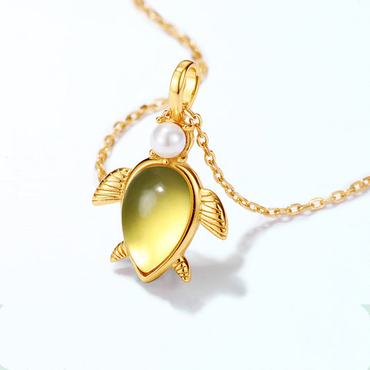 Japanese Simple Amber Turtle Silver Pendant Female Korean Tortoise Geometric Animal 925 Silver Pendant