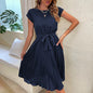 Summer Pleated Short-sleeved Dress INS Fashion Waist-tied Beach Dresse Women's Clothing