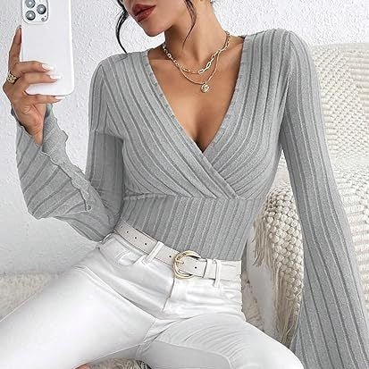 Women'S Autumn and Winter Rib Sunken Stripe V-Neck Flared Slim-Fit Long Sleeve T-Shirt Elegant Women'S Top