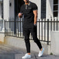 Men's Waffle Lapel Color Matching Pocket Short Sleeve Trousers Suit