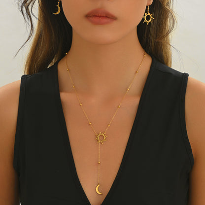 Lxalry 18K Gold Plated Stainless Steel Sun And Moon Pendant Necklace And Hoop Earrings Set For Women - Waterproof Hypoallergenic Jewelry Gift For Birthday Summer Wedding Daily Wear