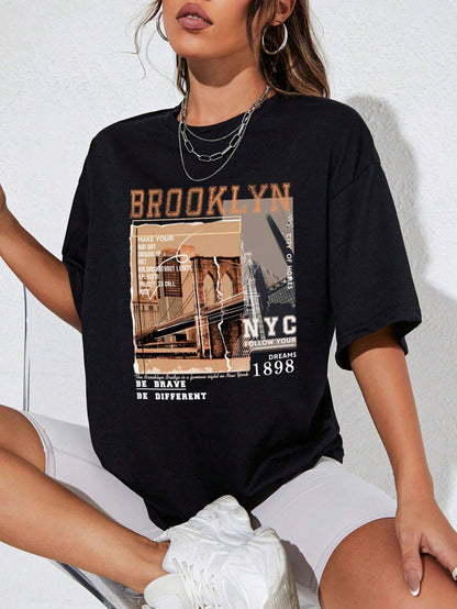 INAWLY Women's Graphic Drop Shoulder Tee - "Make Your Own Way" Brooklyn Bridge Design