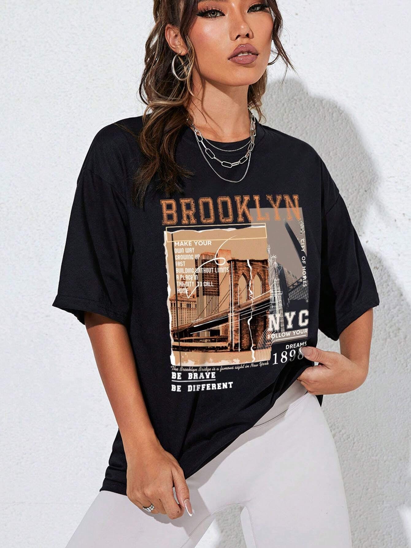 INAWLY Women's Graphic Drop Shoulder Tee - "Make Your Own Way" Brooklyn Bridge Design