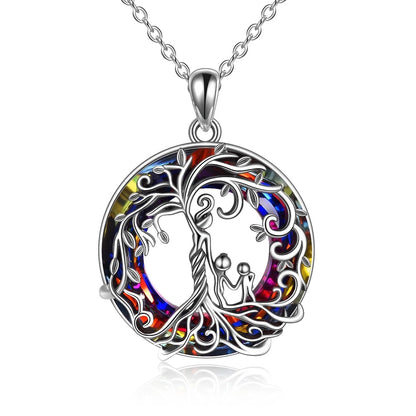 Mother and 2 Family Members Necklace Volcanic Crystal Tree of Life Pendant S925 Sterling Silver Family Protection Jewelry for Mom New Mother Keepsake Gift for Grandma Daughter Her