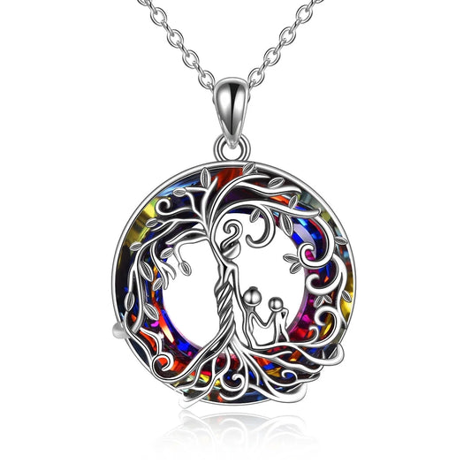 Mother and 2 Family Members Necklace Volcanic Crystal Tree of Life Pendant S925 Sterling Silver Family Protection Jewelry for Mom New Mother Keepsake Gift for Grandma Daughter Her